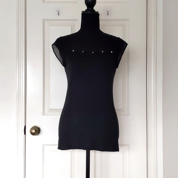 The Limited Rayon Spandex Sleeveless Blouse w/sheer sleeve, front and gold decor - Picture 1 of 4